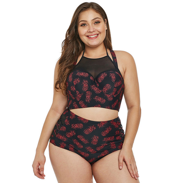 Swimsuit Women Two-piece Hot Spring New Sexy Mesh Stitching Print Plus Large Size Split Swimwear jooyoo
