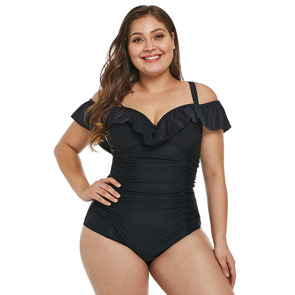 Black Conservative One-piece Swimsuit Female New Slimming Belly Wrinkled Bikini Hot Plus Large Size Swimwear jooyoo