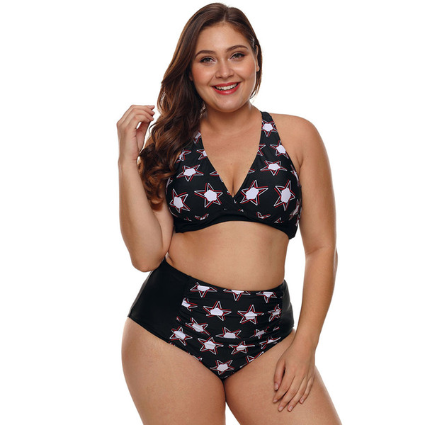 New Bikini Print V-neck Crossover Open Back High Waist Triangle Plus Large Size Split Swimsuit jooyoo