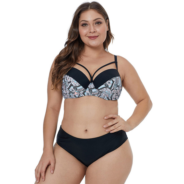 New Split Swimwear Chic Print Stitching Bikini Big Chest Gathered Briefs Hot Spring Bathing Suit jooyoo