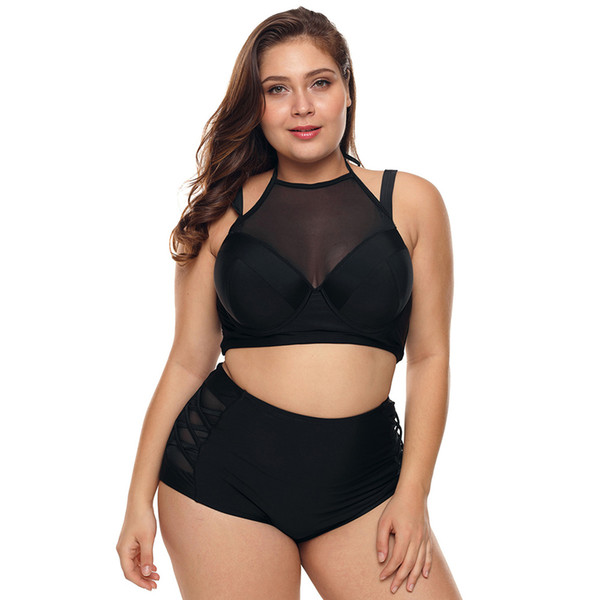 Swimsuit Female Two-piece Hot Spring New High Waist Sexy Mesh Stitching Plus Large Size Split Swimwear jooyoo