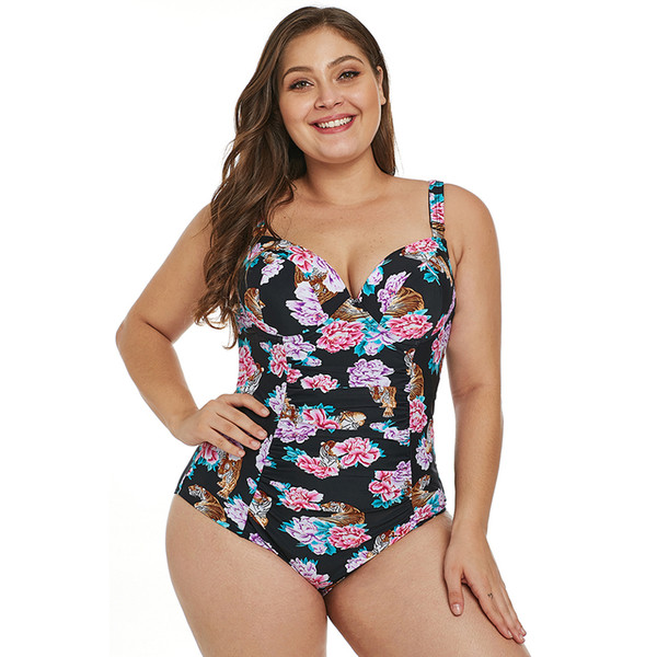 One-piece Swimsuit Female Print New Slim Cover Belly Sexy Conservative Big Chest Gathered Plus Large Size Swimsuit jooyoo