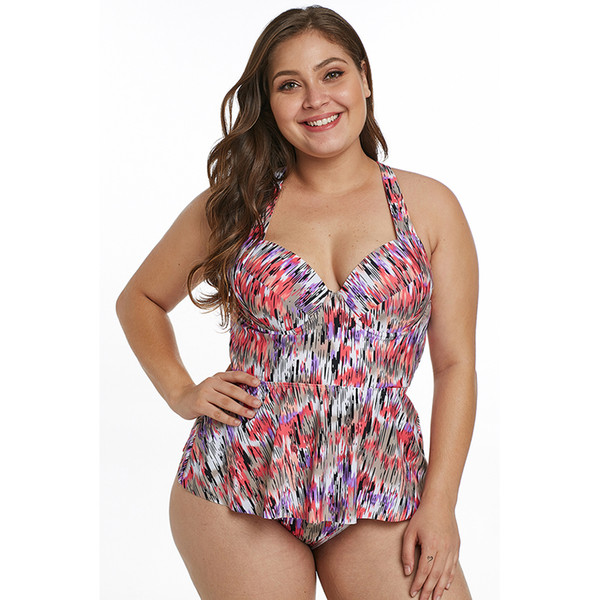 New Fashion Printed Bikini New Cross Belt Gather Plus Large Size Skirt Triangle Split Swimsuit jooyoo