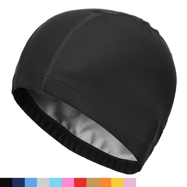 2018 Elastic Waterproof PU Fabric Protect Ears Long Hair Sports Swim Pool Hat Swimming Cap Free size for Men & Women Solid Color