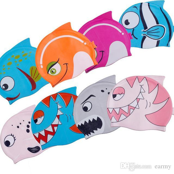 Wholesale- Free Shipping 2016 New Children Swimming Cap Children Cartoon Caps Waterproof Silicone Color More Fishes Print
