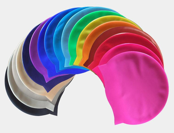 Wholesale high quality Pure silicone ear protection swimming caps 17 colors available erelastic waterproof swim cap free shipping