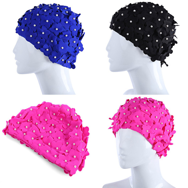 Wholesale- 3 Colors 3D Flowers Swim Cap Delicate Swimming Cap Handmade Petal Floral Swimming Caps Women Long Hair Protect Ears Swim Cap 290