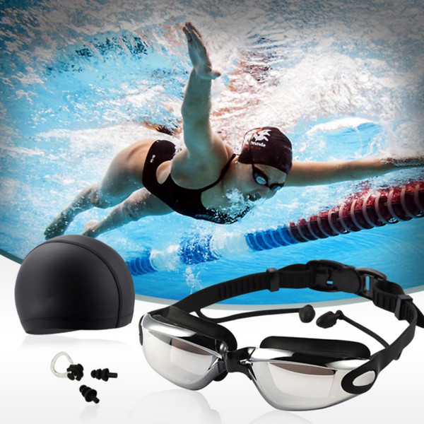 Three Sets High-Definition Waterproof Anti-fog Swimming Goggles Men Women Big Box Goggles Swimming Cap + Earplugs Nose Clip Suit