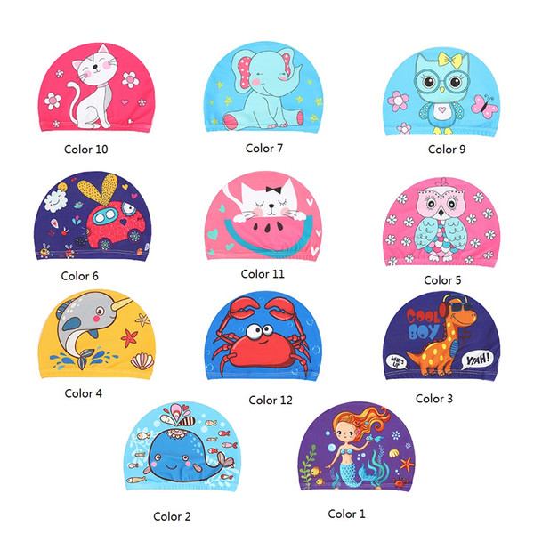 Children Baby Swimming Cap Cute Cartoon Animal Prints Waterproof Protect Ears Soft Polyester Lightweight Unisex Swim Accessory