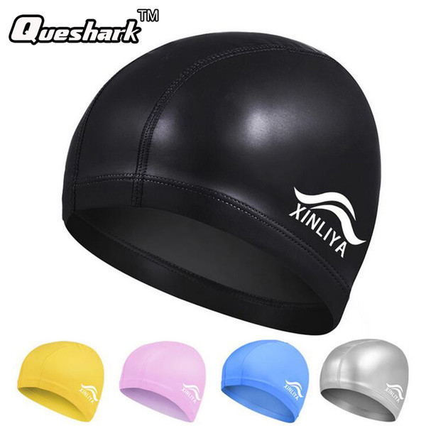 Men & Women Free size Elastic Waterproof PU Swim Cap Fabric Protect Ears Long Hair Sports Swim Pool Hat Diving Swimming Cap