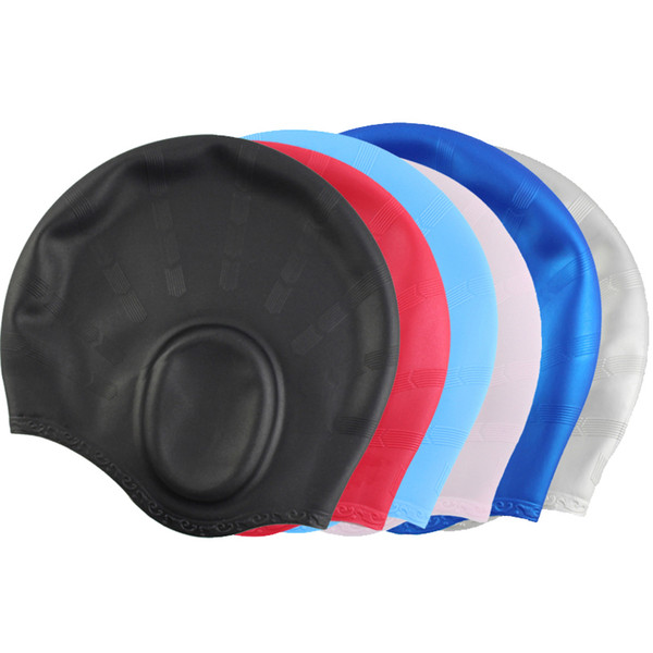 Women Men Children Kids Swim Pool Water Sport Waterproof Silicone Diving Swimming Cap Long Hair Protection Ear Cup Swim Caps Hat C19040302