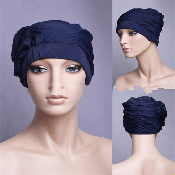 Pleated Fold Bathing Cap Designed For Long Hair Ladies Swim Cap Many Colors Polyester Material Women Black 4 5yfC1