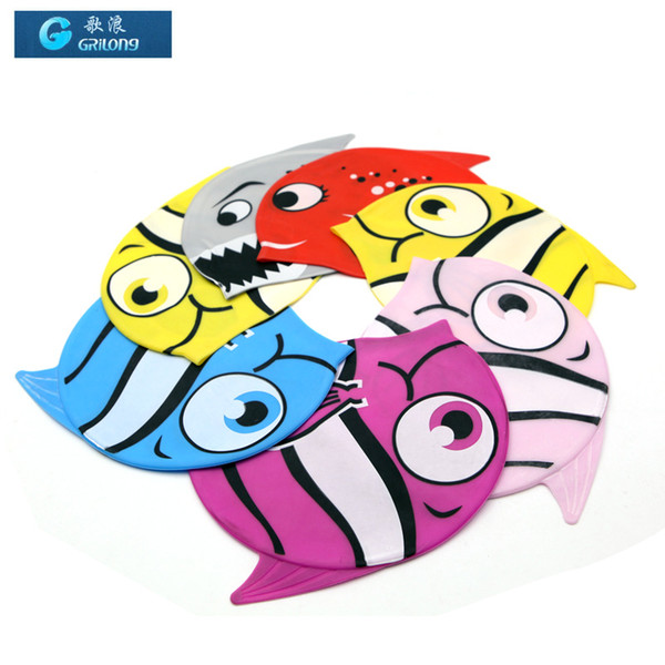 100% silicone Cute kids cartoon fish Swimming Caps 4 Colors High quality children Hat Ear Protection Safe children Swim Cap