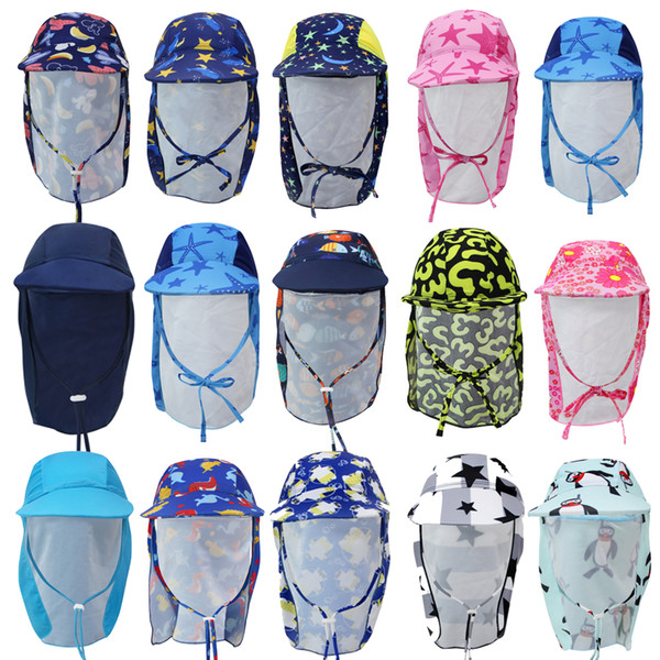 Children Summer Beach Cap UPF50+ UV Protection Sun Hat Neck Ear Wind Rope Cover Flao Cap Adjustable Kids Girl Boys Beach Hat