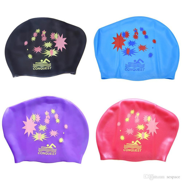 Wholesale- Star Print Waterproof Silicone Swim Cap Hat For Ladies Women Long Hair With Ear Cup High Quality