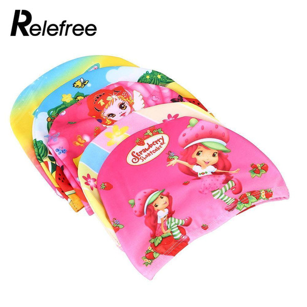 1 Pcs Flexible Colorful Printed Kids Swimming Cap Waterproof Bathing Stretch Fabric Hat Protect Ears Children Color Random