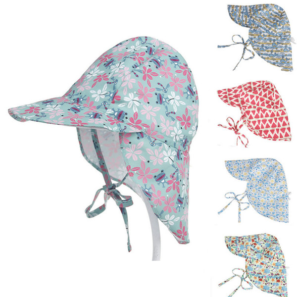 Outdoor Childrens Printed Swim Hats For Baby Boys Girls Toddler Flap Swimming Cap Anti-uv Sun Protection Beach Hats Neck Cover