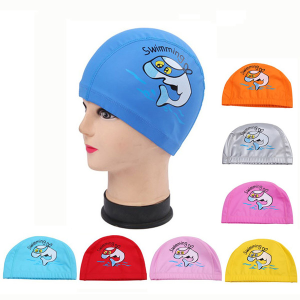 Cartoon Dolphin Waterproof Pu Fabric Long Hair Ear Protection Children Kids Swim Pool Water Sport Swimming Cap Hat For Boys Girl