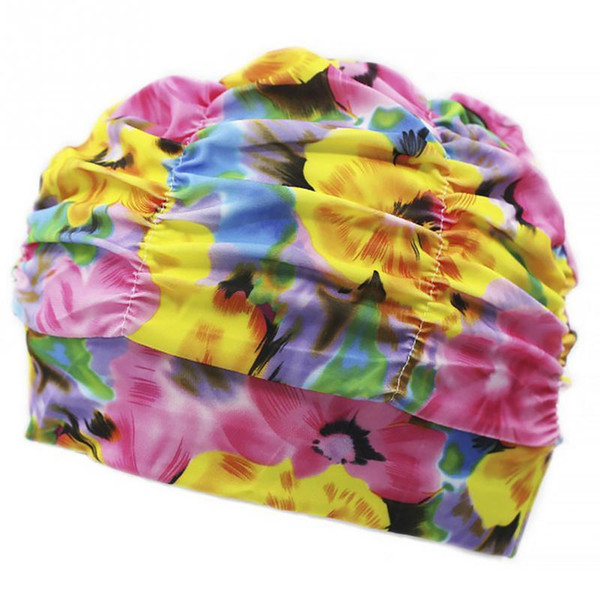 Pleated Flower Petal Prints Fabric Swimming Cap Swim Pool Beach Surfing Protect Long Hair Ears Caps Hats Plus Size For Women Men