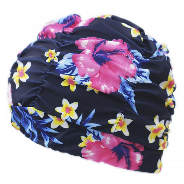 Women Men Pleated Floral Printed Swimming Cap Swim Pool Beach Surfing Long Hair Ears Protection Caps Hats