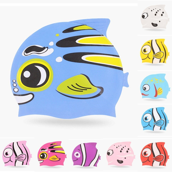 New Cute Cartoon Fish Kids Children Silicone Flexible Waterproof Long Hair Ear Protection Swim Pool Swimming Diving Head Cap Hat