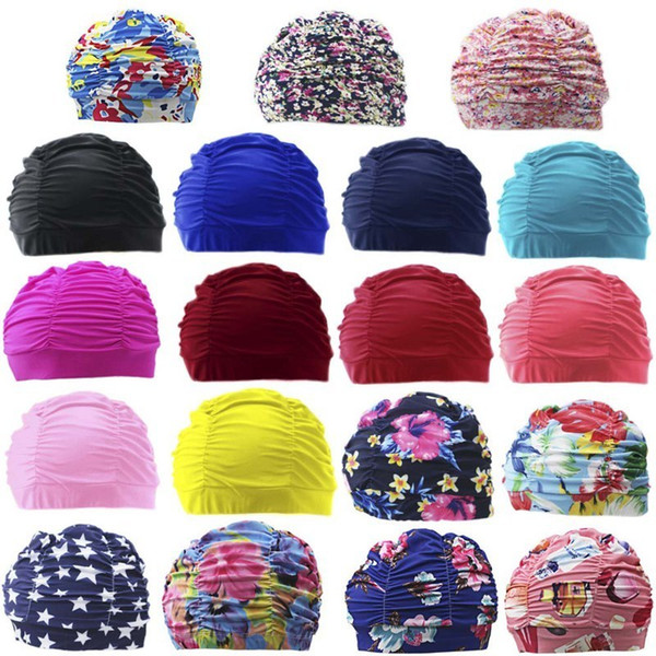 New Women Fabric Swimming Cap Protect Long Hair Ears Pleated Flowers Printed Swim Pool Caps Hat Plus Size For Women Men Swimwear