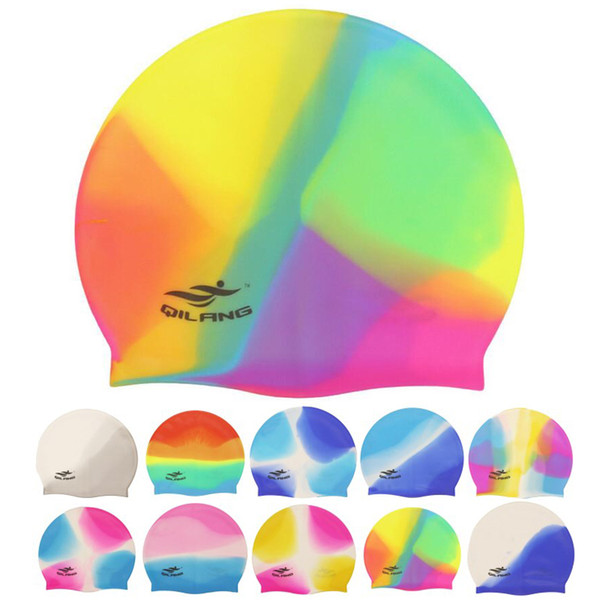 Women Men Ladies Rainbow Colorful Swimming Cap Silicone Ear Long Hair Protection Swim Pool Swimming Cap Swimwear Hats For Adults