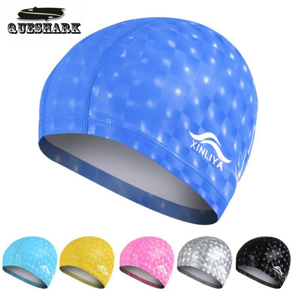 Men & Women Free Size Elastic Waterproof Pu Swim Cap Fabric Protect Ears Long Hair Sports Swim Pool Hat Diving Swimming Cap