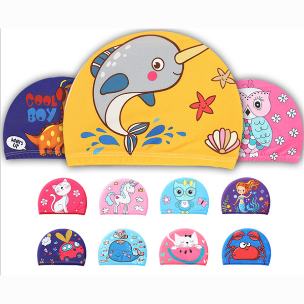 Elastic Fabric Cute Cartoon Printed Swimming Caps For Long Hair Lovely Kids Cartoon Protect Ears Swim Pool Hat For Boys Girls