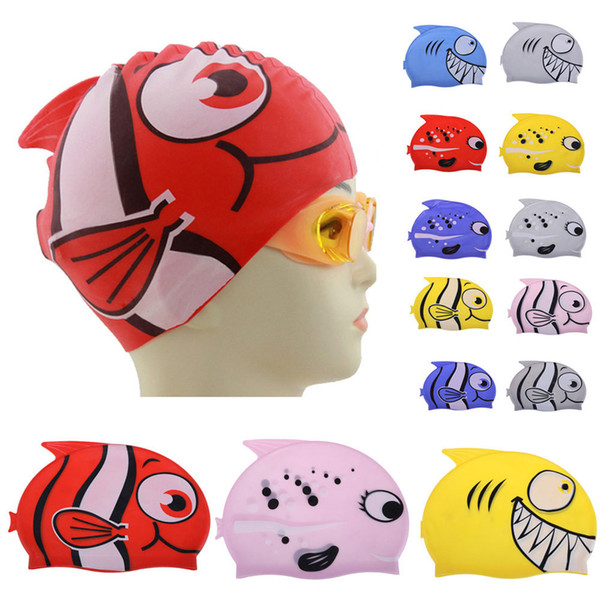 New Children Cartoon Swimming Cap Silicone Diving Waterproof Swim Hat Kids Girl Boy Favor Bathing Cap With Fish Shark Pattern