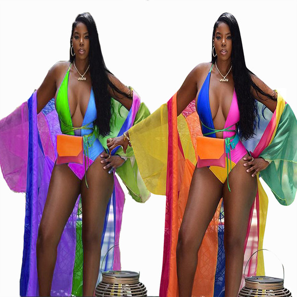 Bohemian Summer Beach tracksuit women set fashion Sexy Color Print Playsuit+ Cloak Coat Two pieces suits casual Outfits