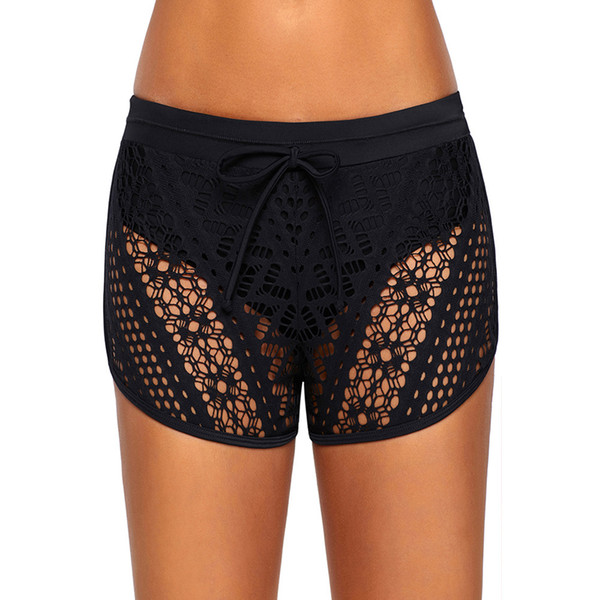 New Womens Bikini Bottom Black Hollow Out Lace Bathing Short Beachwear Sport Biquini Swim Shorts Ladies Swimsuit