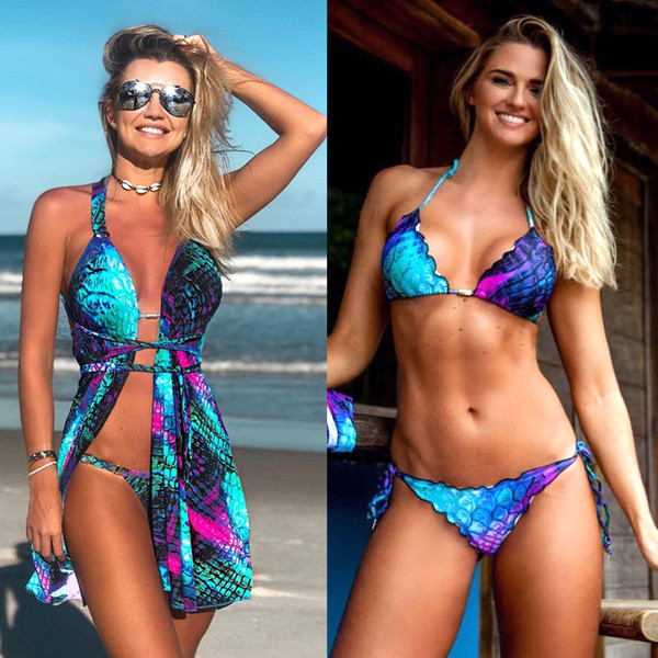 3Pcs Women Bikini Set Mermaid Printed Halter Swimsuit Swimwear Cover Up Beachwear Suit Clothing Sets Free Shipping