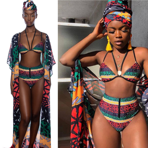 Colorized Printed 3 Piece Outfits Summer Beach Woman V Neck Sleeveless Short Tank And Half Sleeve Long Coat +Sheath Shorts