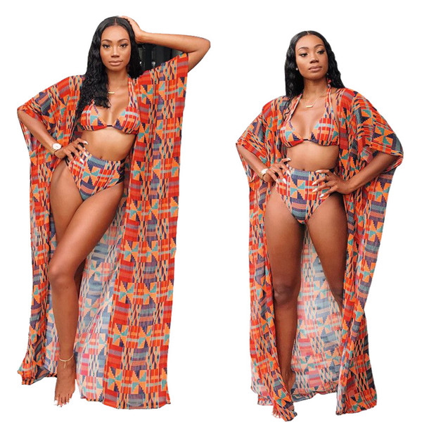 Summer HOT SALE Bikini 3 Piece Set Women Geometric Print Swim Top And Mini Pants And Half Sleeve X-LONG Sunscreen-Wear