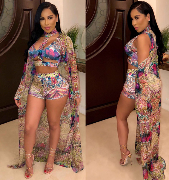 2019 women pailsey print Swim Set X-long cloak halter hollow out crop top shorts suits 3pcs swimwear tracksuit outfit