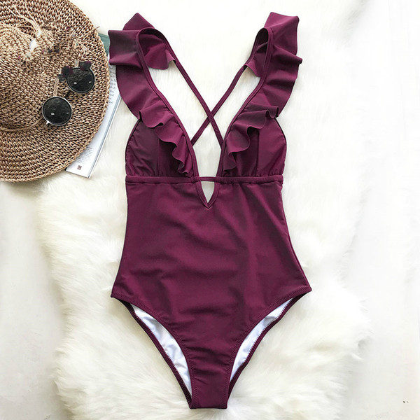 Burgundy Heart Attack Falbala One-piece Swimsuit Women Ruffle V-neck Monokini 2019 New Girls Beach Bathing Suit Swimwear