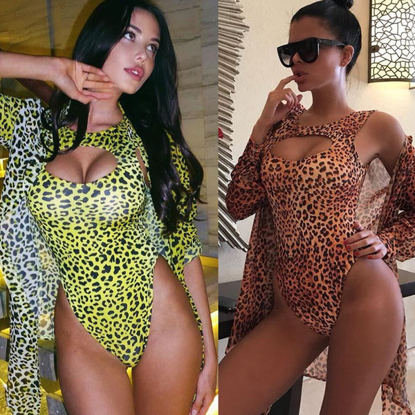 2019 women leopard print chiffon cloak cut out sleeveless bodysuit beach 2pcs set sexy holiday tracksuit two Piece Separates
