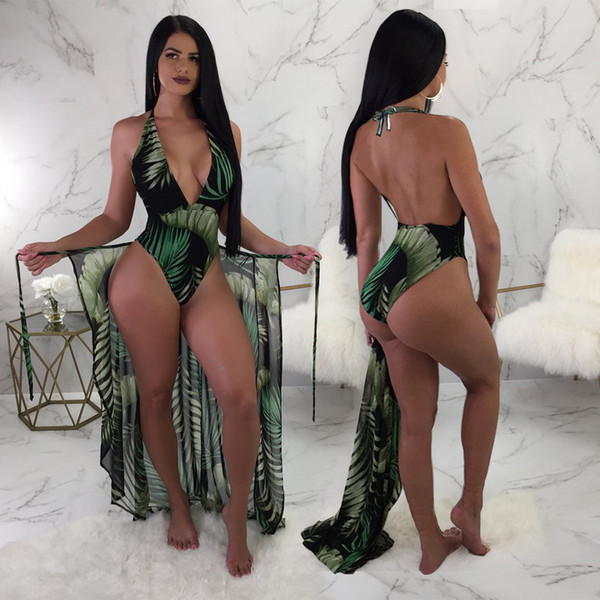 Green Bohemian Summer Beach women set tracksuit fashion sexy Print Playsuit+ Cloak Coat Two pieces suits vacation casual Outfits