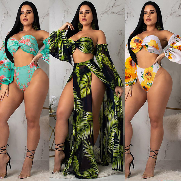 Women Sexy Multi-Pieces Set Sun Flower Print Sexy Bra Sleeve Cage Briefs Long Skirt Fashion Suits Swimming Beach Outwear