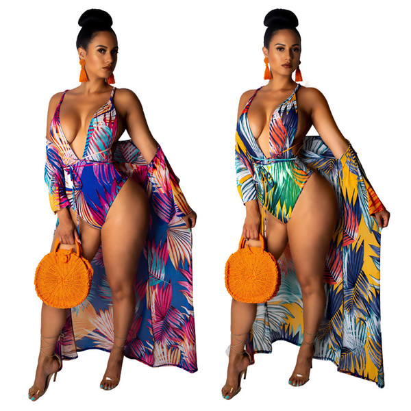Summer New Beach Style 2 piece Women Set Leaf Print Spaghetti Strap With Long Gown Cover Up Swimsuit Sexy Crisscross Bodysuits