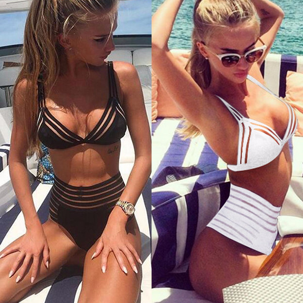 2019 Summer New Sexy Women's Beach Wear Openwork Striped Two-piece Bikini Mesh Patchwork Suits Cross Bra & Brief Sets Swim Wear