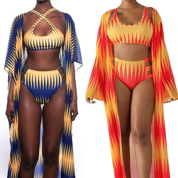 Blue Red Spliced Beach sexy 3 Piece Set Lady Summer Spaghetti Strap Crop Top And Side Hollow Shorts 3 Quarter Coats