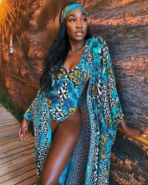 2019 new women summer leaf geometric print beach X-long cloak v-neck bodysuit suits two piece beach swimsuit outfit
