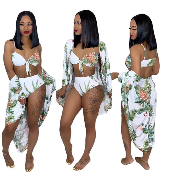 2019 Women Summer Leaf Floral Print Beach X-Long Cloak Bow Bra Panties Suits Three Piece Beach Suit Outfit Tracksuit