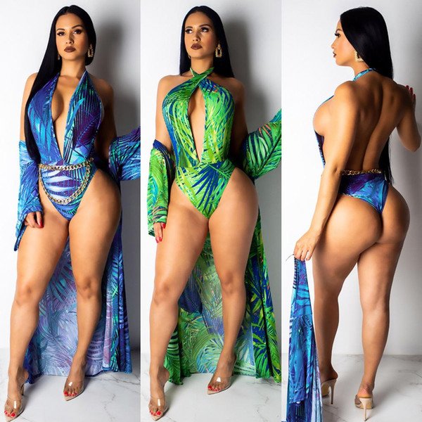 Sexy Print Hollow Out Backless Bodysuit Casual Sleeveless Halter With Coat Bodycon Jumpsuit Summer Beachwear Slim Rompers Female Two-Piece