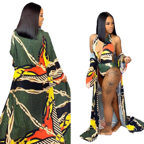 Contrast Color Print 2 Piece Set Halter Collar Sleeveless Short Jumpsuits+ Casual Loose Long Coat Cloak Sexy Outfits Women Set