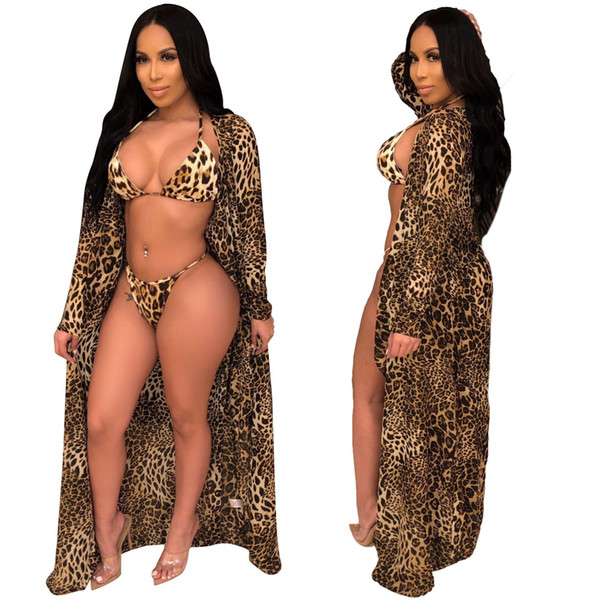 2019 Summer Sexy Casual Beach Wear 3 pcs Women Set Color Leopard X-long Gown 2 pcs Bikini Swim Suits