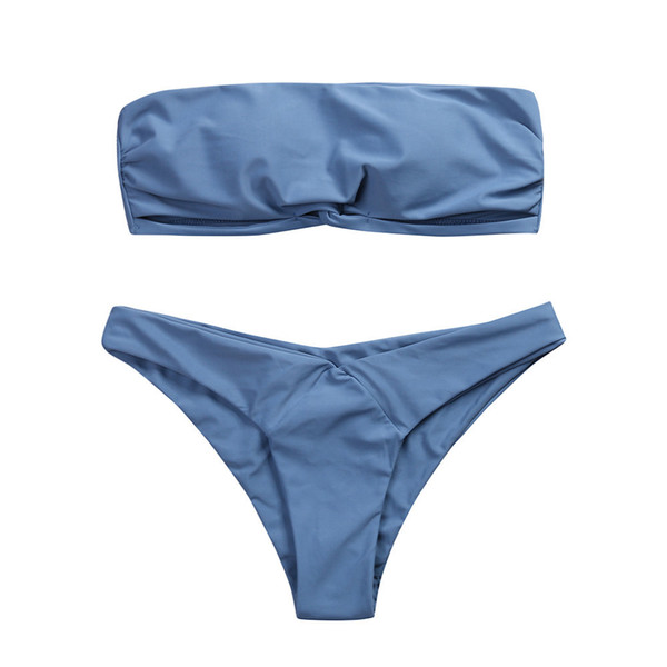 Solid Color Strapless Swim Bikini 2019 Swimsuit Padded Bra Bandeau Biquini Low Waist Sexy Thong Swimwear Summer Bathing Suit