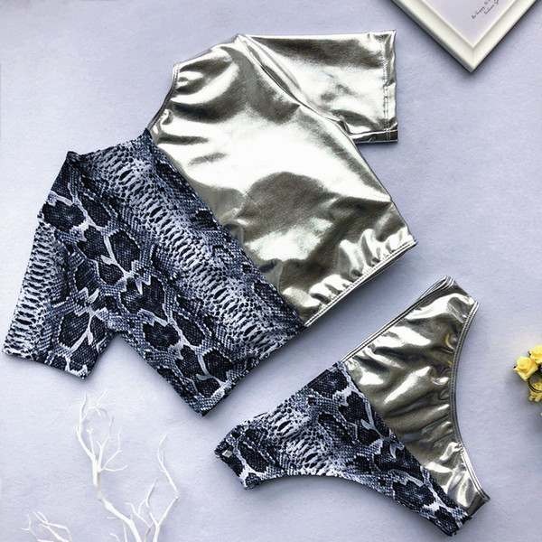 Summer Sexy Snake Bikinis 2019 Mujer Bikini Short Sleeve Push Up High Waist Swimsuit Splicing Contrast Print Swimwear Size: S-L